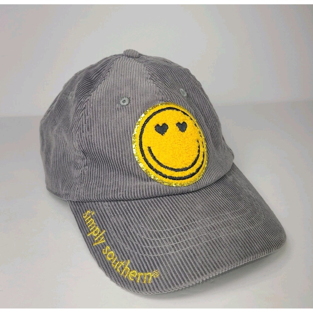 Simply Southern Gray Corduroy Smiley Face Strapback Hat – Unisex One Size